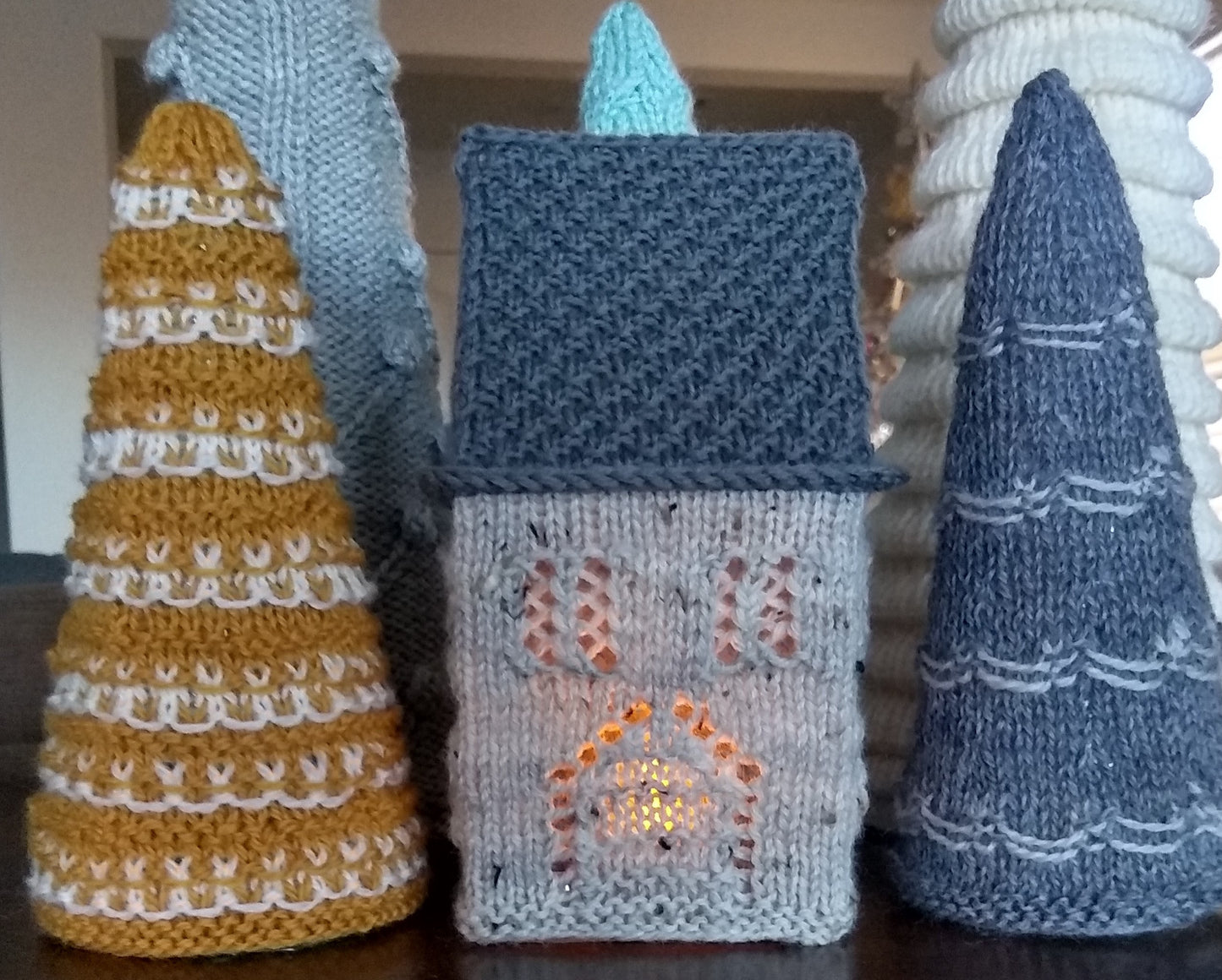 Knitted Christmas Trees and house, knitting pattern, holiday decor